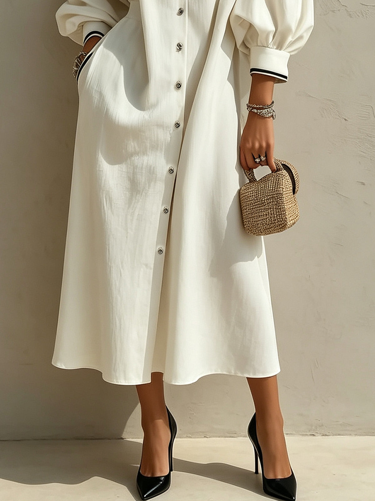 Ivory Contrast-Trim Lantern Sleeve Button-Front Midi Dress
