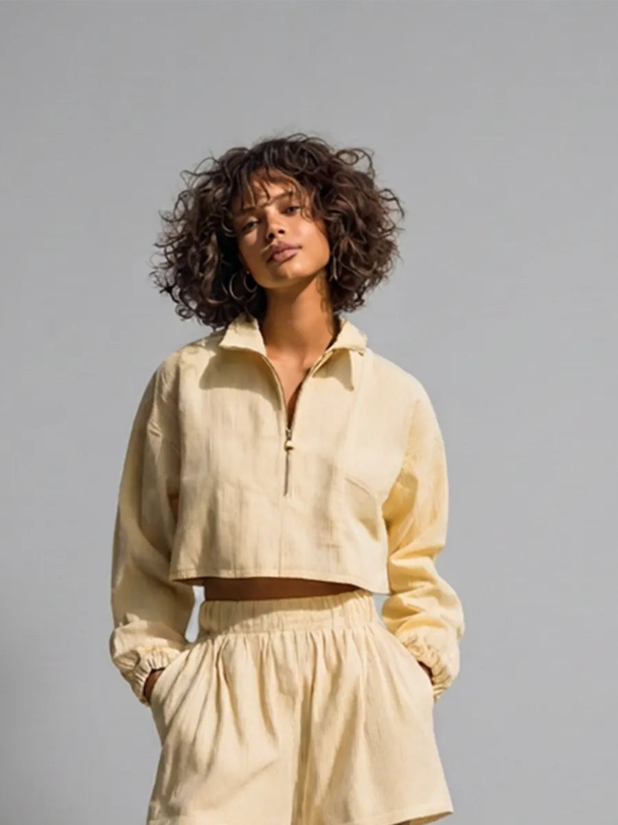 Women's Casual Light Yellow Corduroy Half-Zip Collared Long-Sleeve Cropped Jacket & Elastic-Waist Shorts Set MDZ2055G0CMX