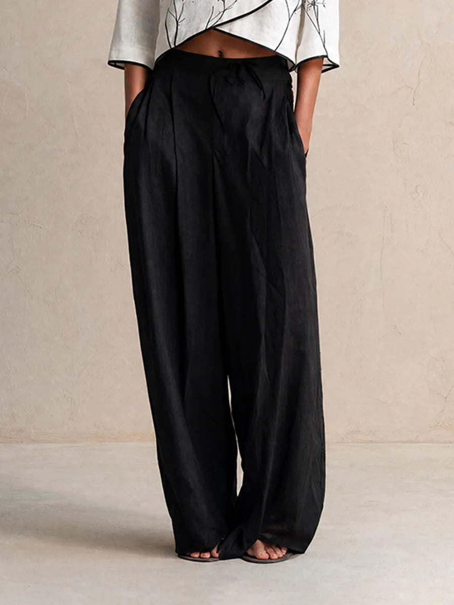 Women's Artistic Vintage Off-White Floral Print Cross-Front V-Neck Cropped-Sleeve Top & Black Wide-Leg Pants Set MDZ0925G5CMX