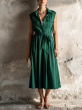 Women's Retro Office Style Dark Green Cotton Blend Lapel Sleeveless Waist Tie Fake Two-Piece Midi Dress MDZ3089F1GMJ
