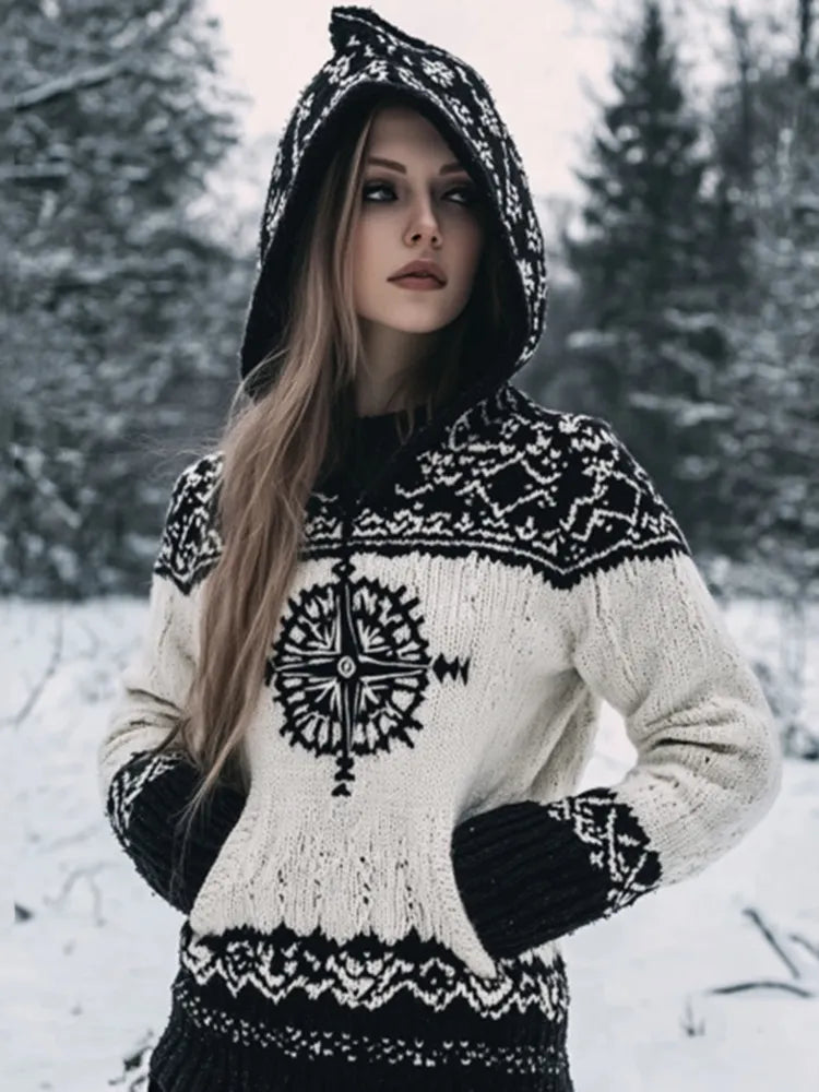 Vintage Viking Compass Celtic Cozy Chunky Hooded Cardigan