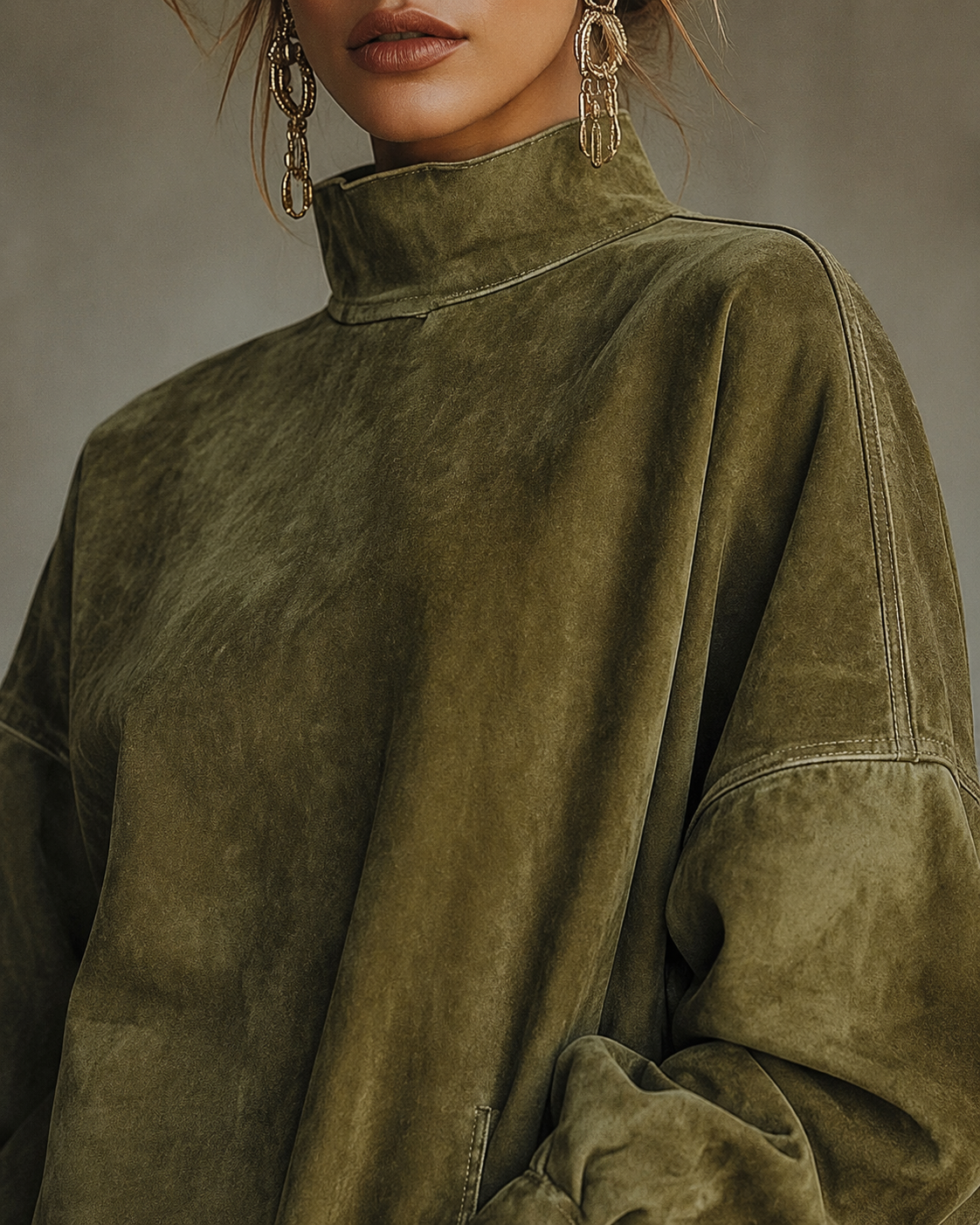 Olive Suede Fringe High-Neck Tunic Dress