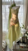 Green Elegant Romantic Delicate Floral Beading Spaetti Strap Long Chiffon Homecoming Ball Gown Evening Dress Birthday/Wedding Guest/Holiday Party Dress Prom Dress 4024