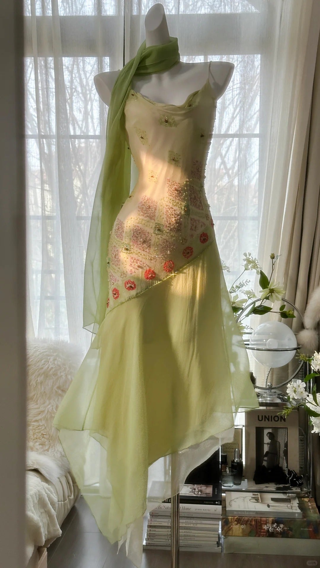 Green Elegant Romantic Delicate Floral Beading Spaetti Strap Long Chiffon Homecoming Ball Gown Evening Dress Birthday/Wedding Guest/Holiday Party Dress Prom Dress 4024