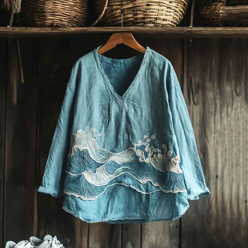 Vintage Japanese Waves Embroidered Linen Blend Cozy Tunic
