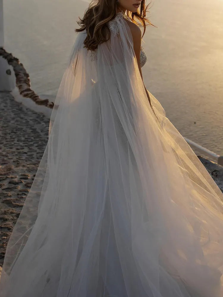 Fashion Two Pieces Set Bandeau Shiny Backless Wedding Maxi Dress
