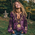 Mysterious Sun And Moon God Art Tie-dyed V-neck Linen Top