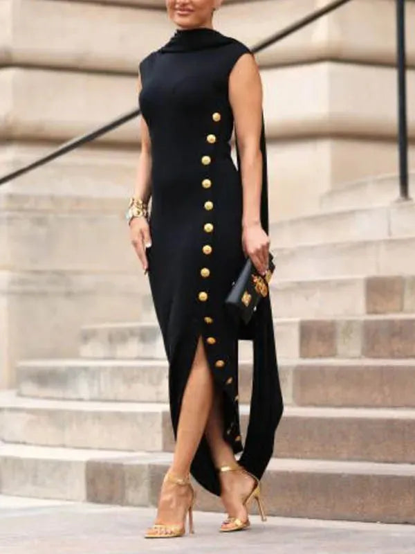 Women Round Neck Sleeveless Slit Elegant Temperament Dress