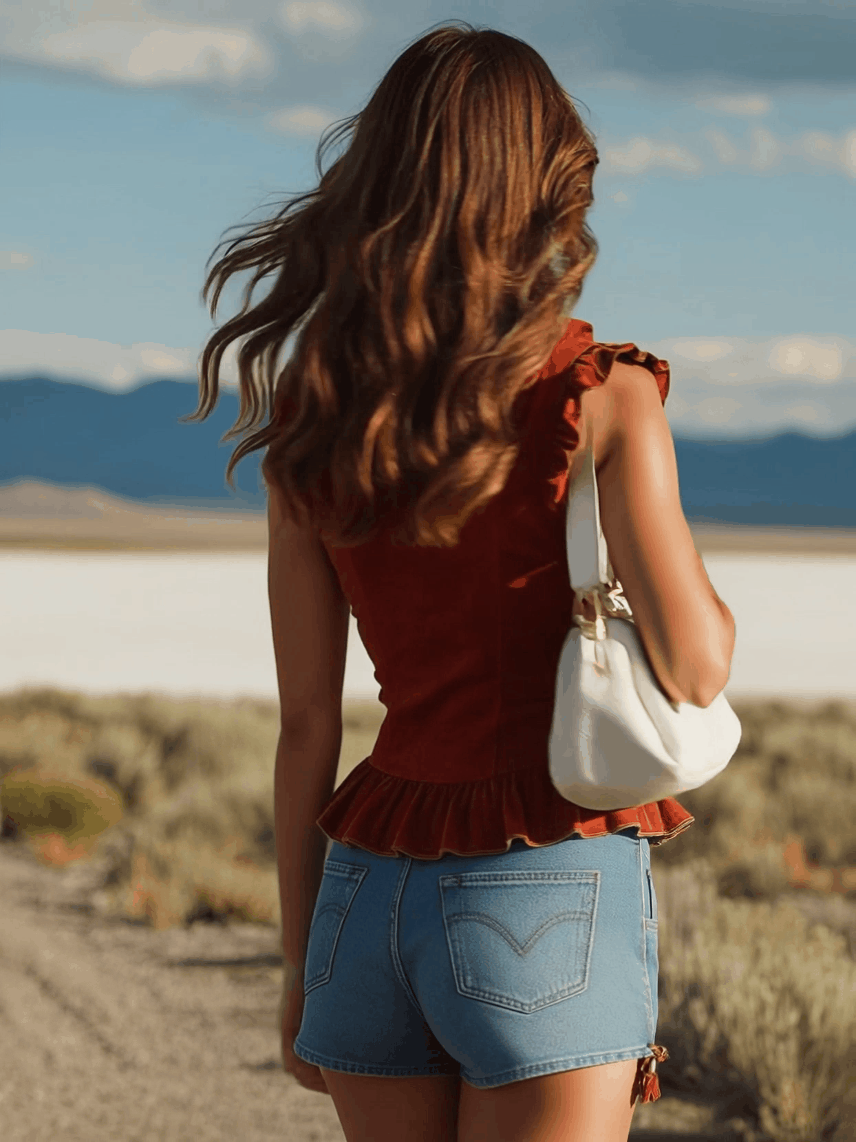 Bohemian Western Retro Red Faux Suede Ruffled Sleeveless Shirt