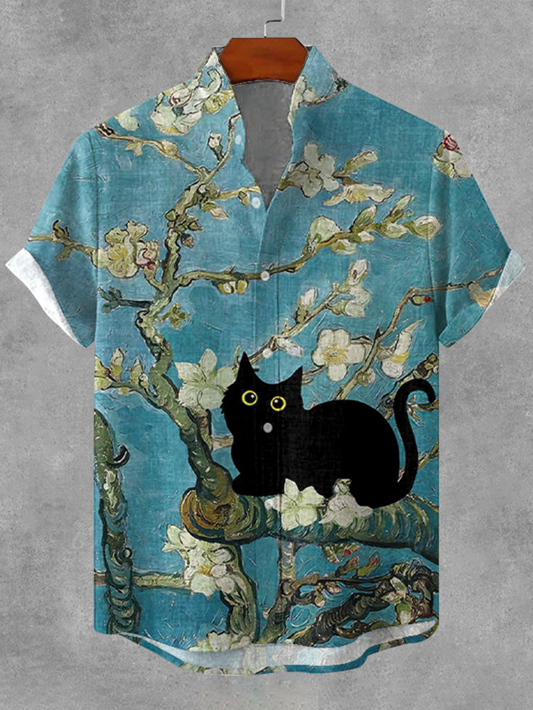 Men's Cat And Apricot Blossom Art Pattern Linen Shirt