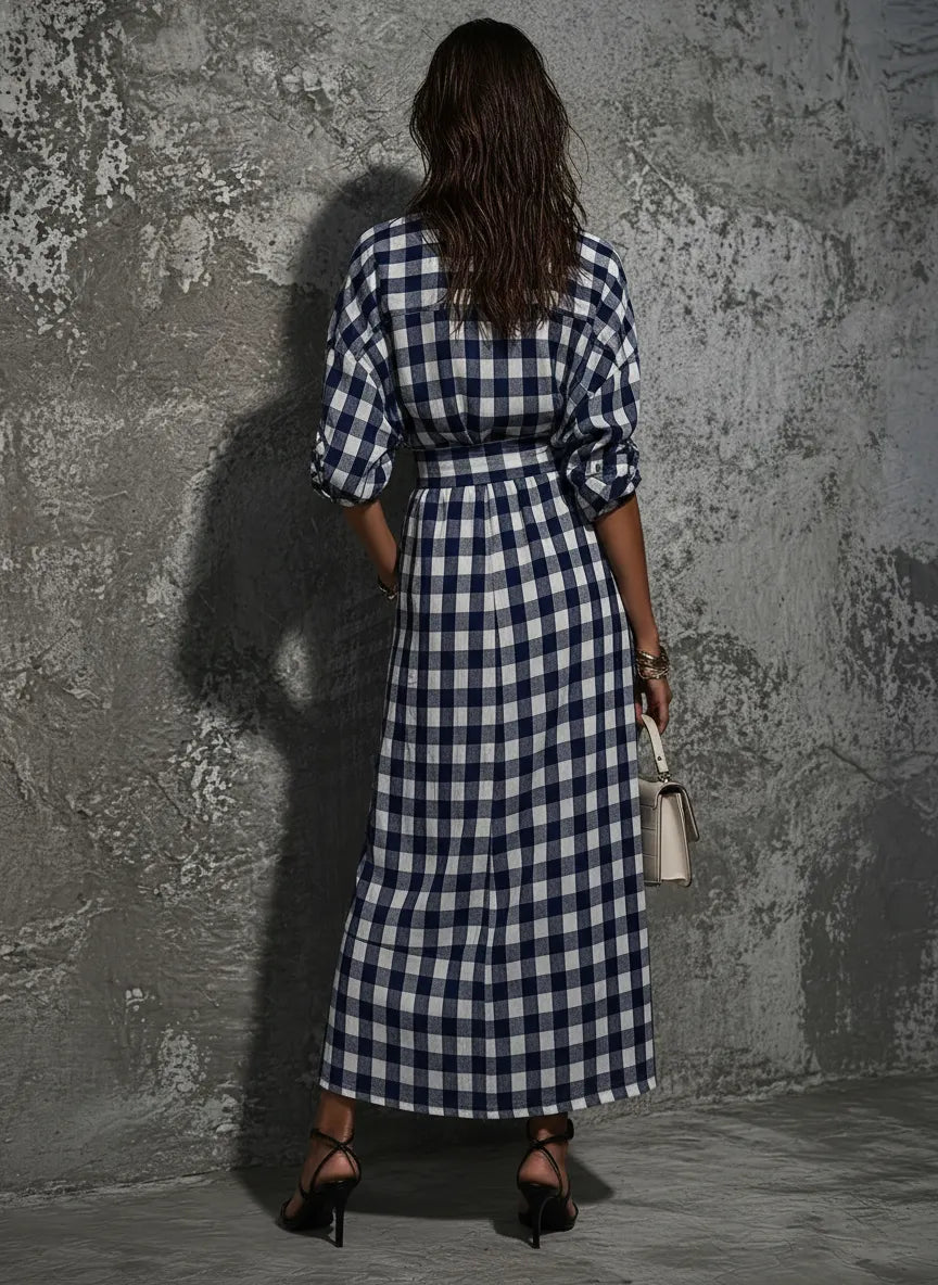 Women's Casual Commuter Style Blue And White Plaid Cotton Belted Front Slit Maxi Shirt Dress MDZ2982D6GMJ