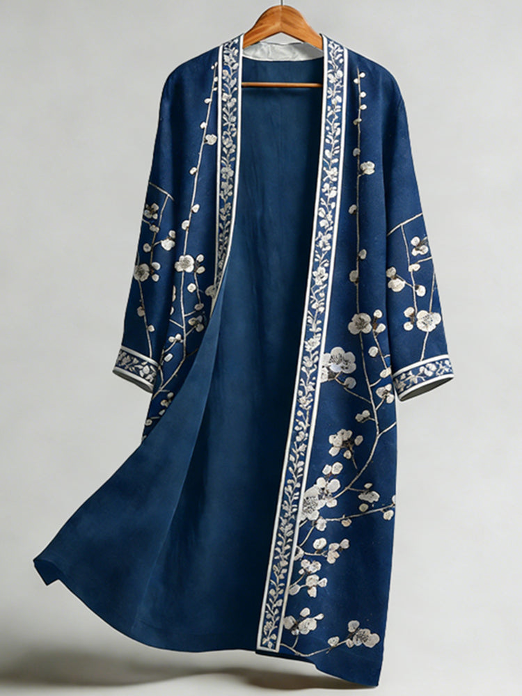 Men's Retro Japanese Sakura Art Print Linen Long Kimono