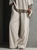 Women's Elegant Ivory Cotton Blend Pinstripe Wide-Leg Full-Length Pants MDZ2455G1GMJ