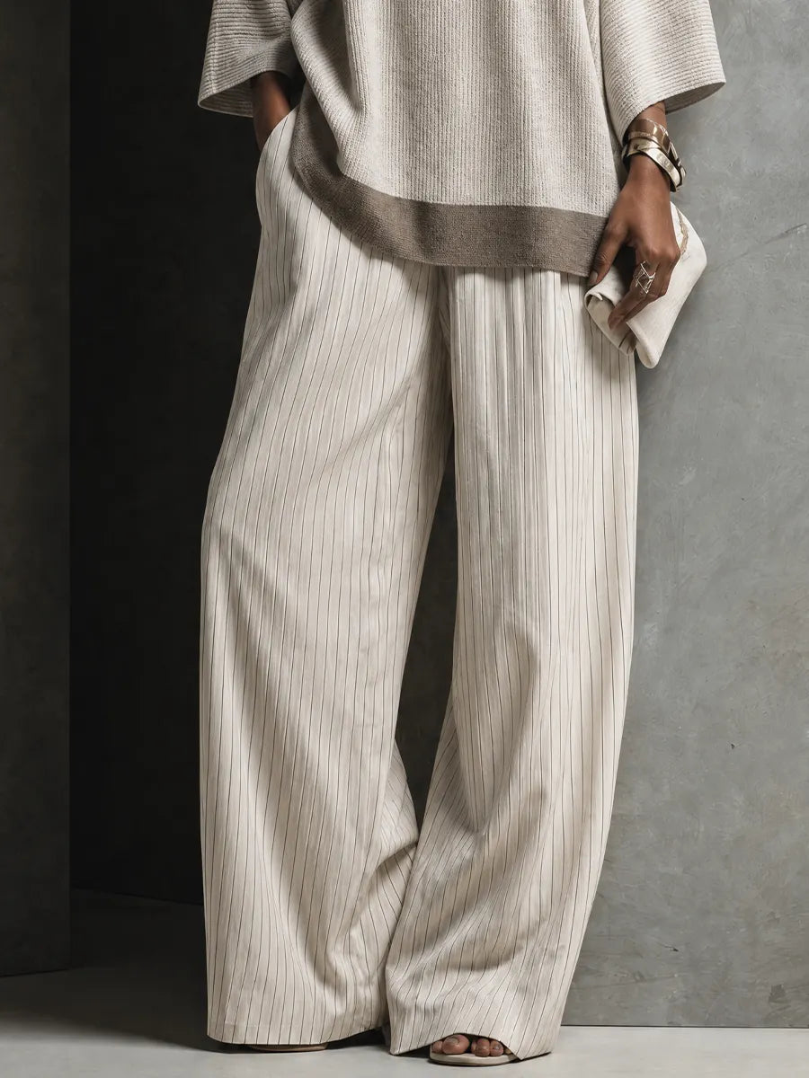 Women's Elegant Ivory Cotton Blend Pinstripe Wide-Leg Full-Length Pants MDZ2455G1GMJ