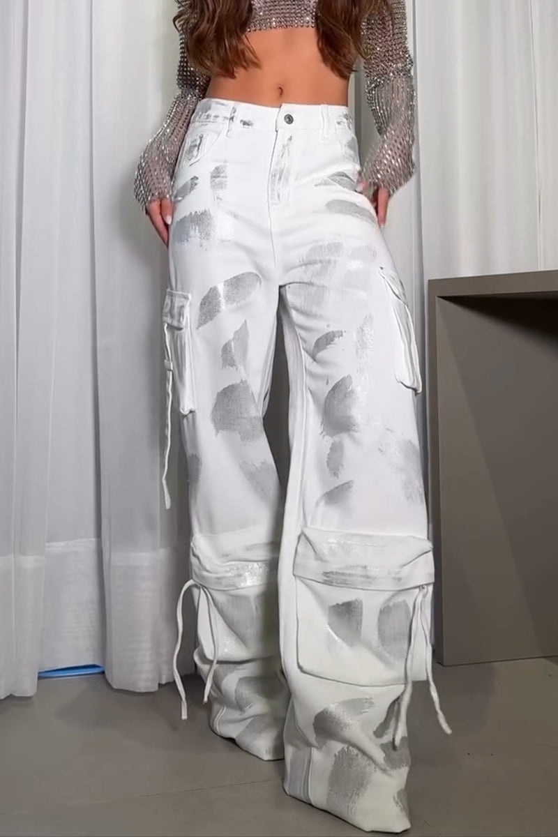 Women Round Neck Rhinestone Short Top or Spliced Multi Pocket Work Pants