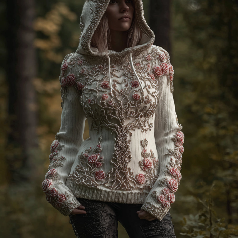 Women's Viking Style Tree Of Life Beaded Hooded Sweater