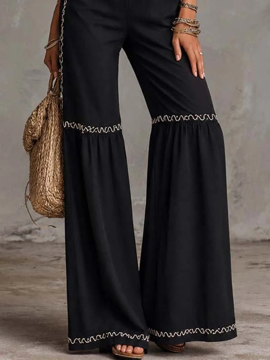 Black Cotton Halter Neck Contrast Embroidered Flared Jumpsuit