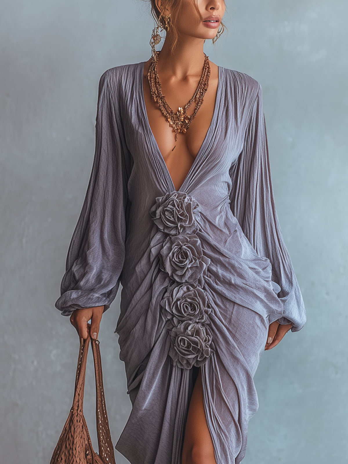 Purple Cotton Crinkled Deep V-Neck 3D Floral Maxi Dress