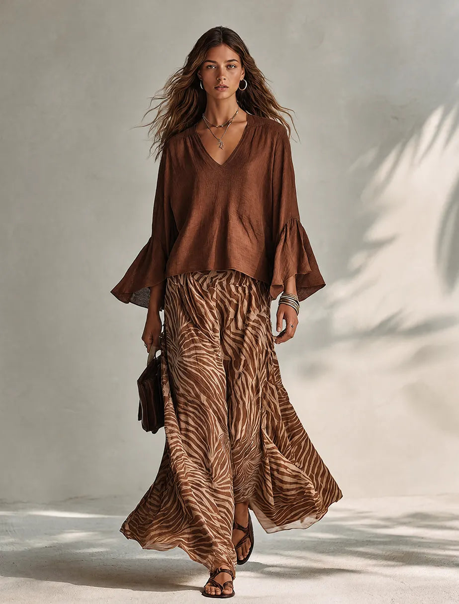 Women's Minimalist Cotton-Linen Blend V-Neck Flared-Sleeve Top &amp; Zebra-Print Skirt Two-Piece Set MDZ0940G0ZRK
