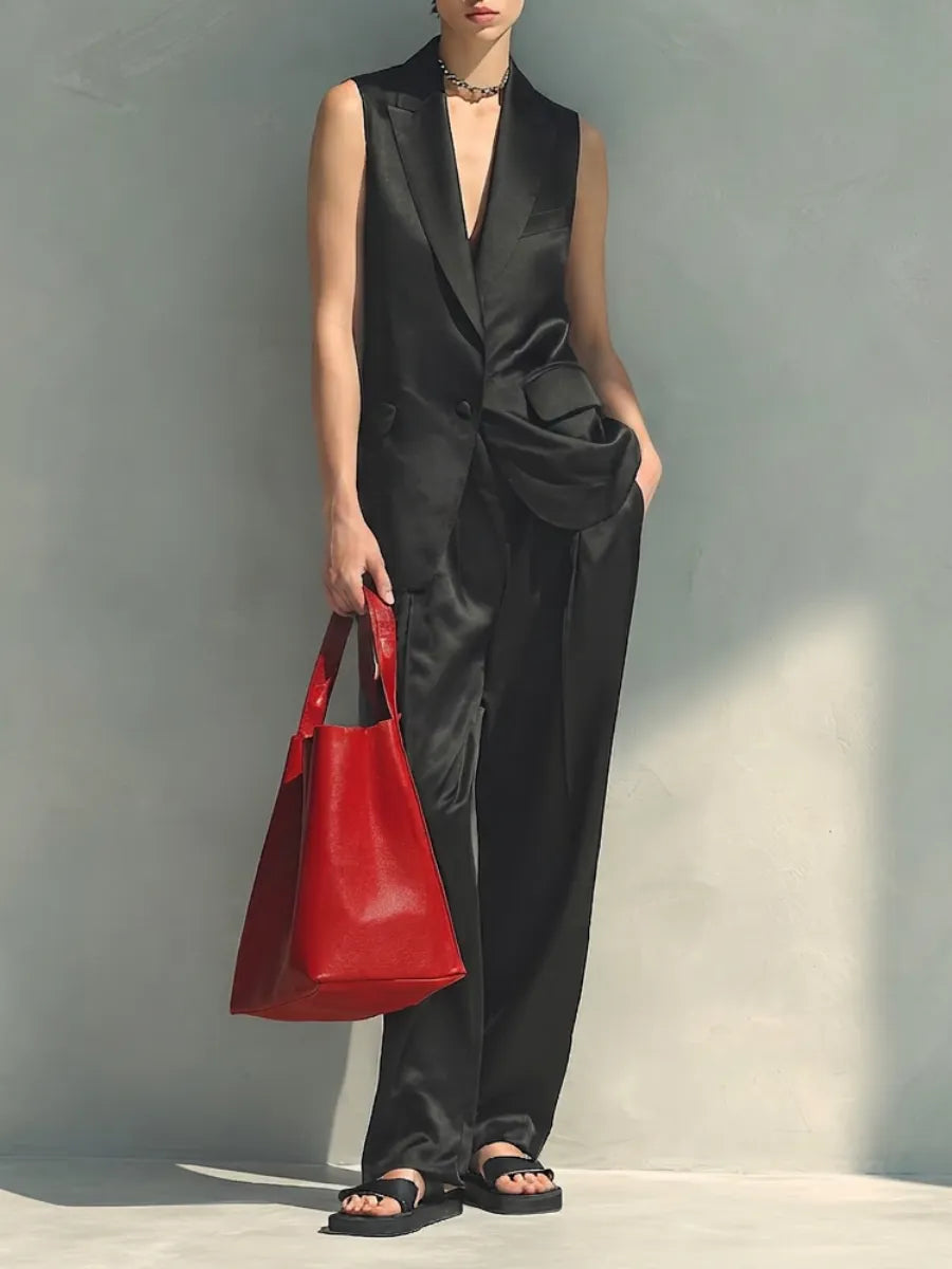 Women's Elegant Black Satin Two-Piece Set — Sleeveless Deep V Tuxedo Vest & High-Waisted Wide-Leg Trousers MDZ0678G9O