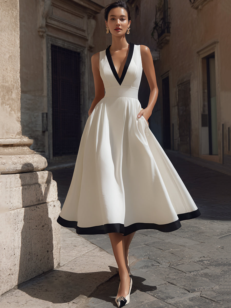 Elegant V-Neck A-Line Midi Dress With Contrast Trim And Pockets