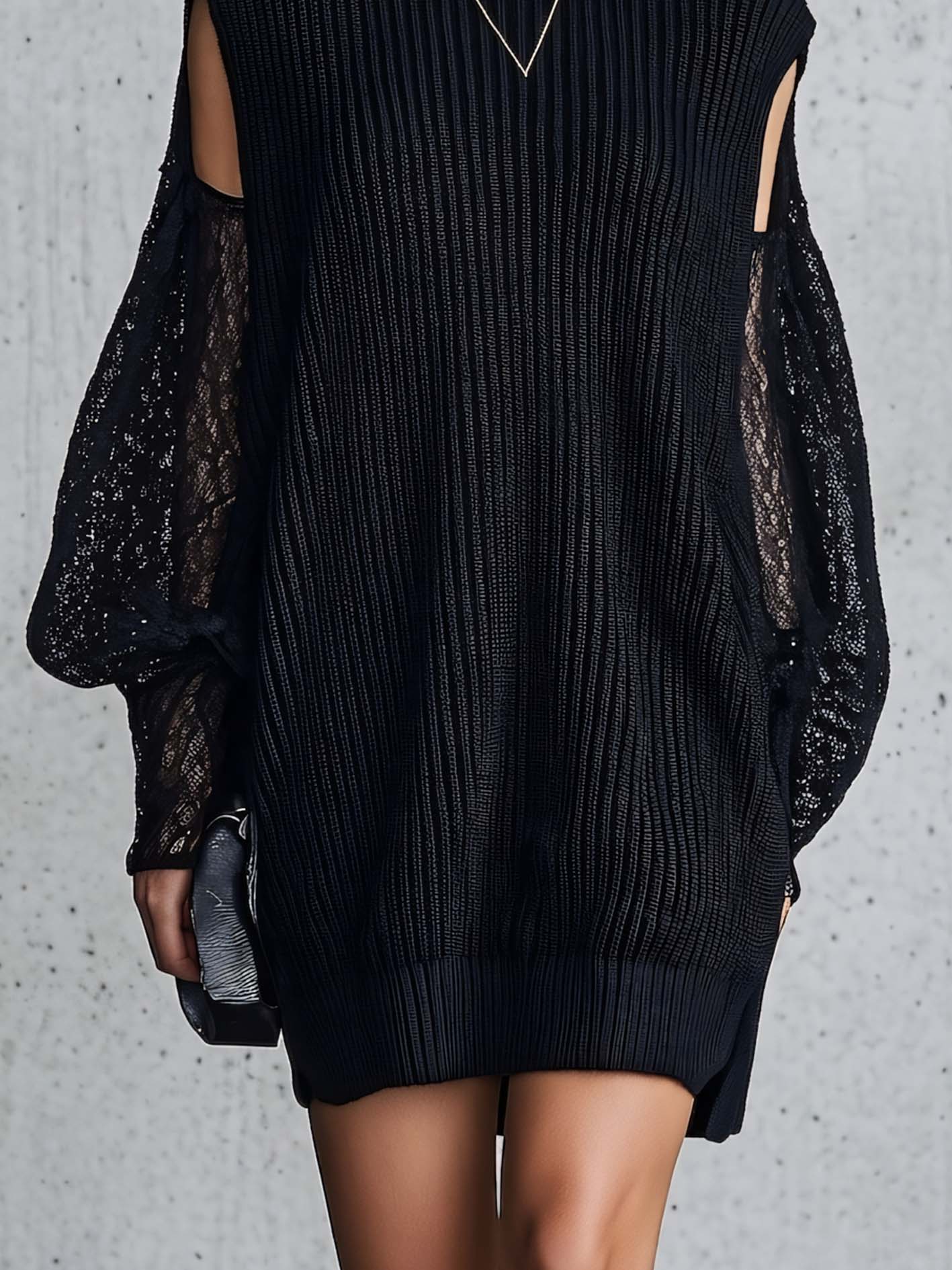 Turtleneck Cold Shoulder Ribbed Knit Mini Dress With Sheer Lace Sleeves