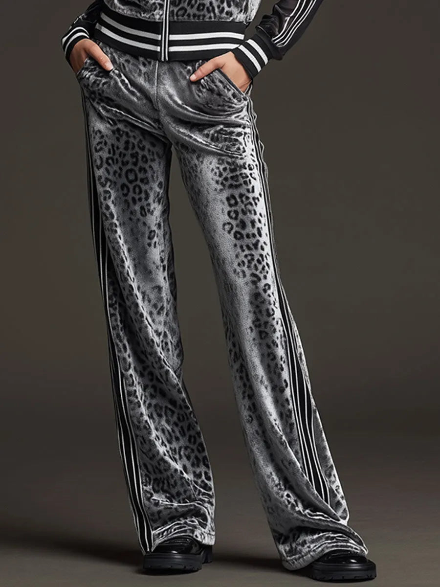 Sporty Retro Striped Mesh Sleeve Gray Leopard Print Velvet Sweatshirt And Pants Set