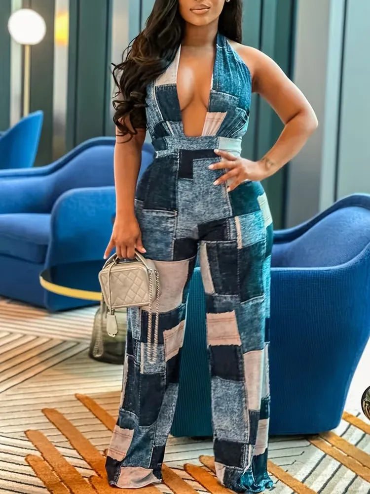 Women Halter-neck Patch Casual Denim Jumpsuit