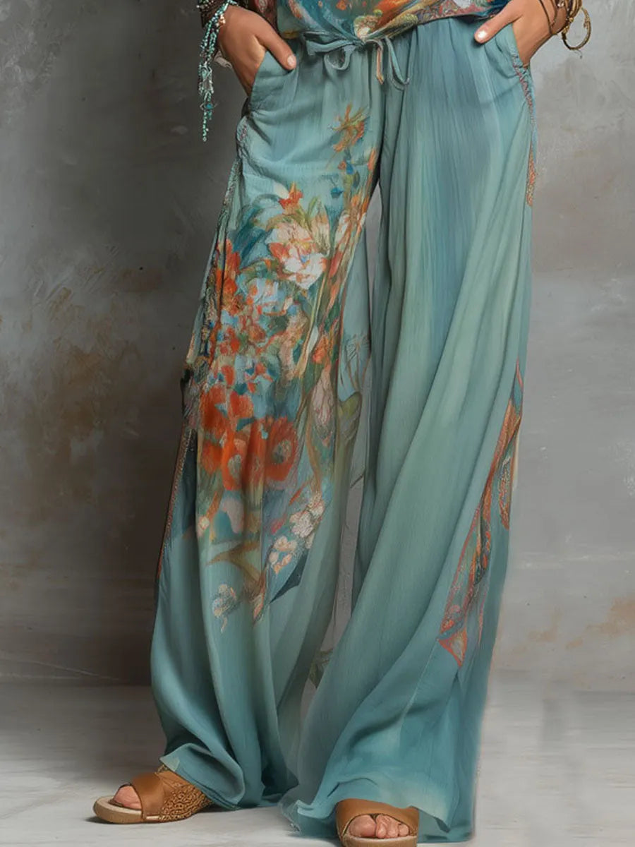 Boho Ocean Bloom Floral Halter Wide-Leg Chiffon Jumpsuit