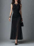 Retro Mesh-Paneled Polka-Dot Pleated Sleeveless Maxi Dress
