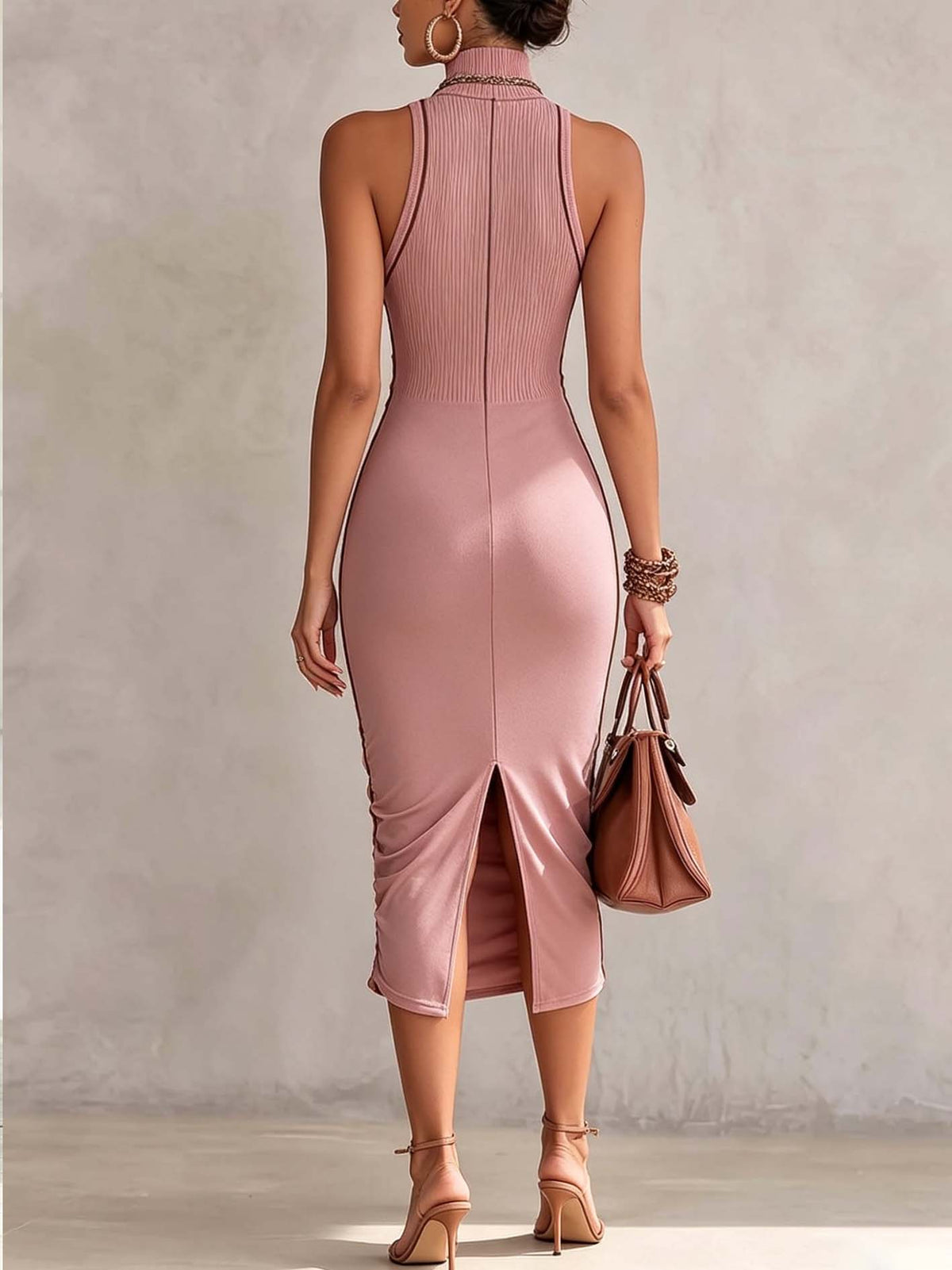 Dusty Pink Patchwork Ruched Bodycon Midi Dress With Mock Neck