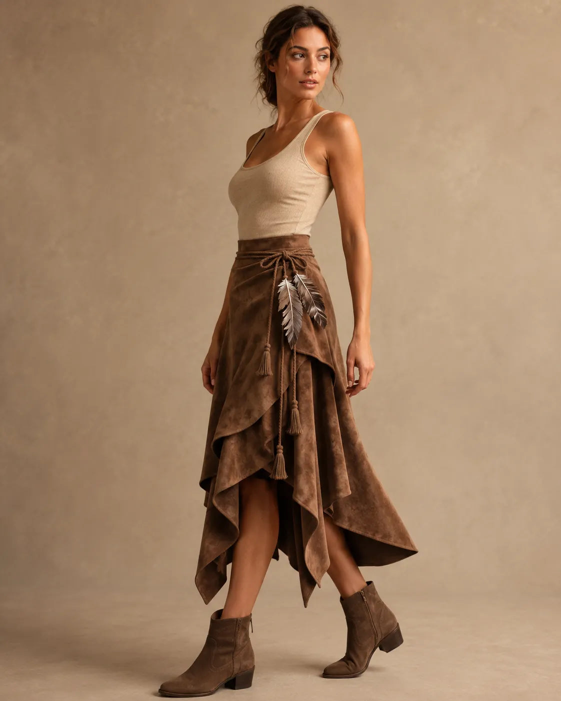 Brown Asymmetric Suede Wrap Skirt