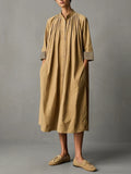 Women's Khaki Cotton Midi Shirt Dress With Stand Collar Gathered Neck & Striped Cuff Three Quarter Sleeves, Lagenlook Loose Casual Midi Dress MDZ1476G7LYL