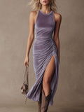Stylish And Elegant Purple Sleeveless High-slit Velvet Midi Dress