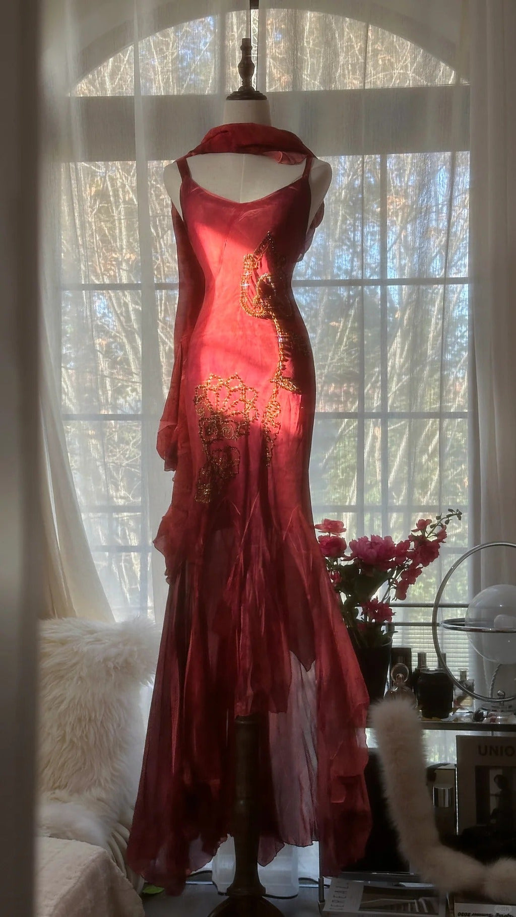Red Romantic Fashion Elegant Exquisite Lotus Gold Beaded Long Chiffon Fishtail Skirt Mermaid Slim Ball Gown Evening Dress Birthday/Wedding Guest/Holiday Party Dress Prom Dress Valentine's Day Date Dress 4029