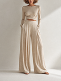 Beige Twist Wrap Long-Sleeve Knit Top Textured Wide-Leg Pants Two-Piece Set MDZ1703G5CMX