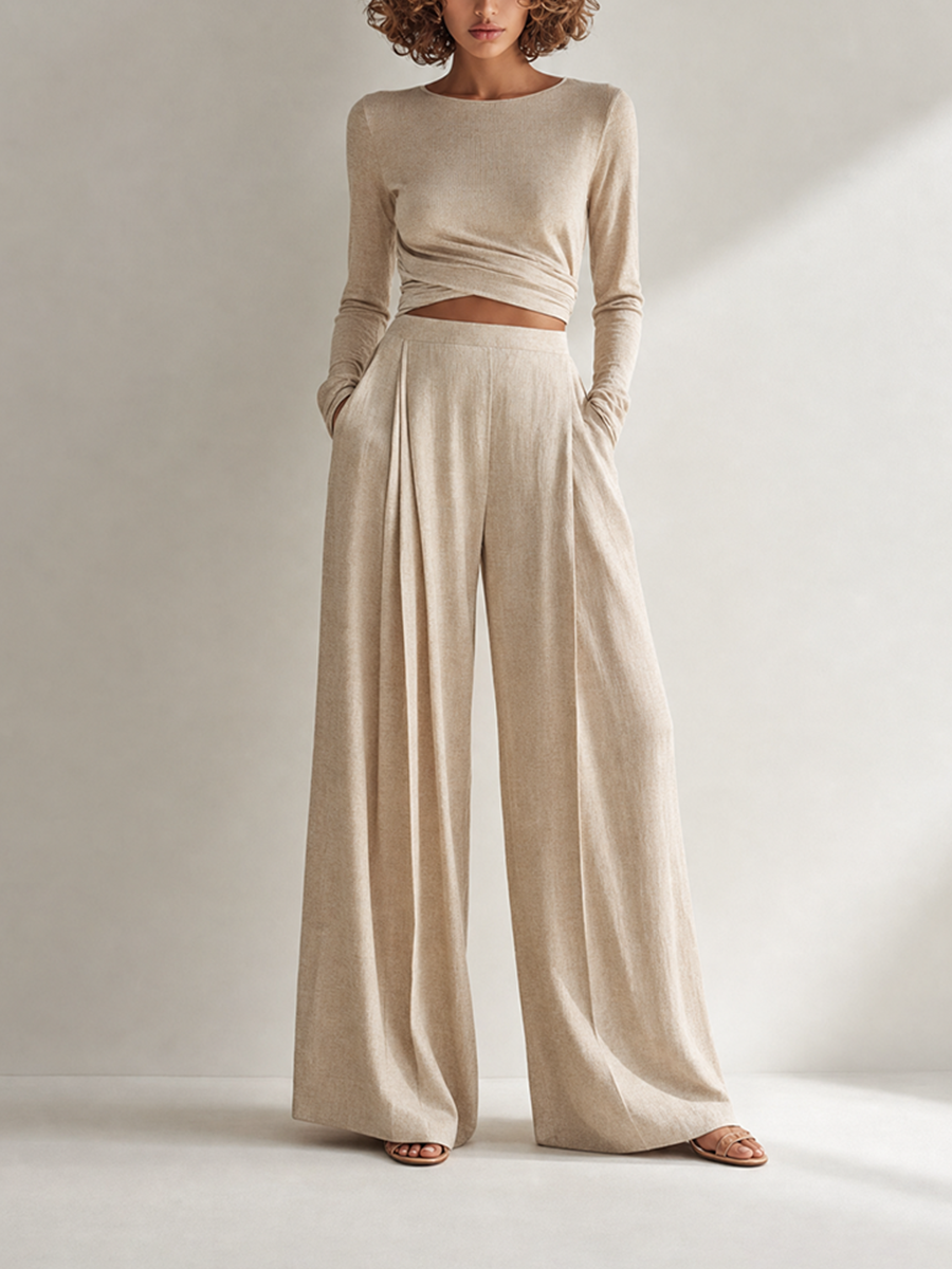 Beige Twist Wrap Long-Sleeve Knit Top Textured Wide-Leg Pants Two-Piece Set MDZ1703G5CMX