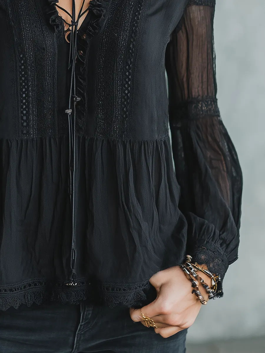 Elegant Black Lace Trim Blouse