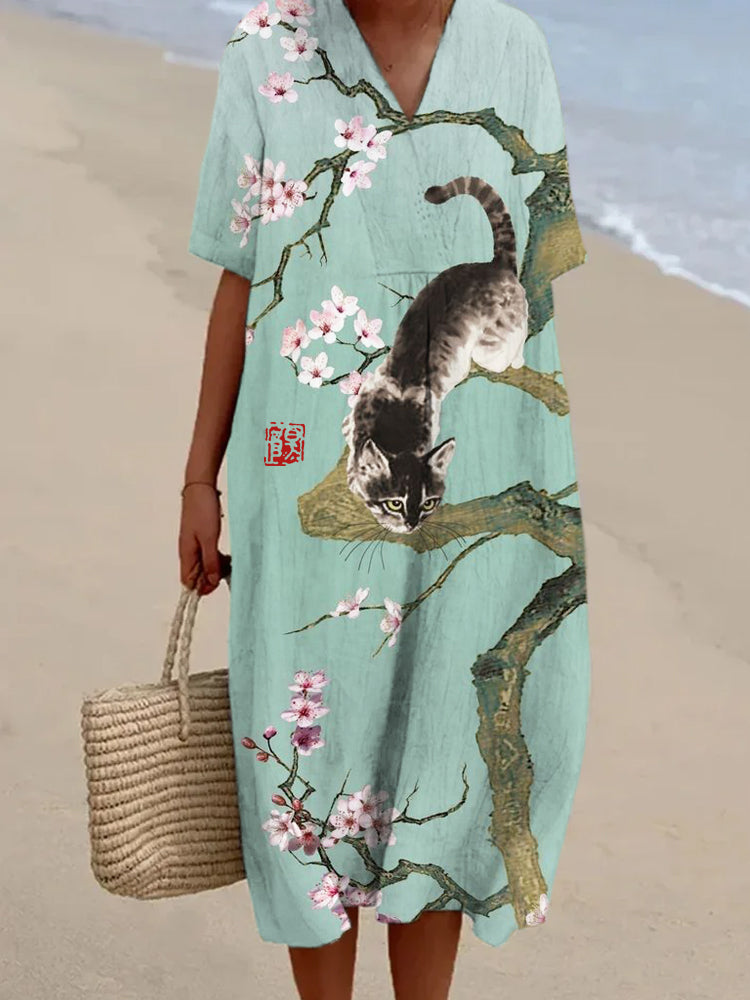 Sakura & Cat Japanese Pattern Women's V-neck Short Sleeve Linen Maxi Dress
