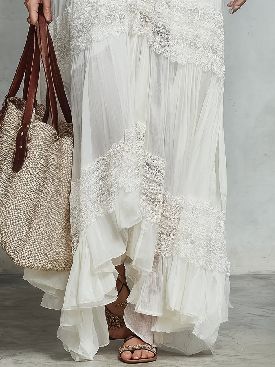 Graceful Ivory Lace Panel Maxi Dress