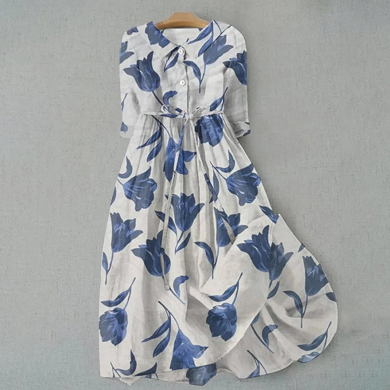 Elegant Art Floral Print Lace-up Casual Midi Dress
