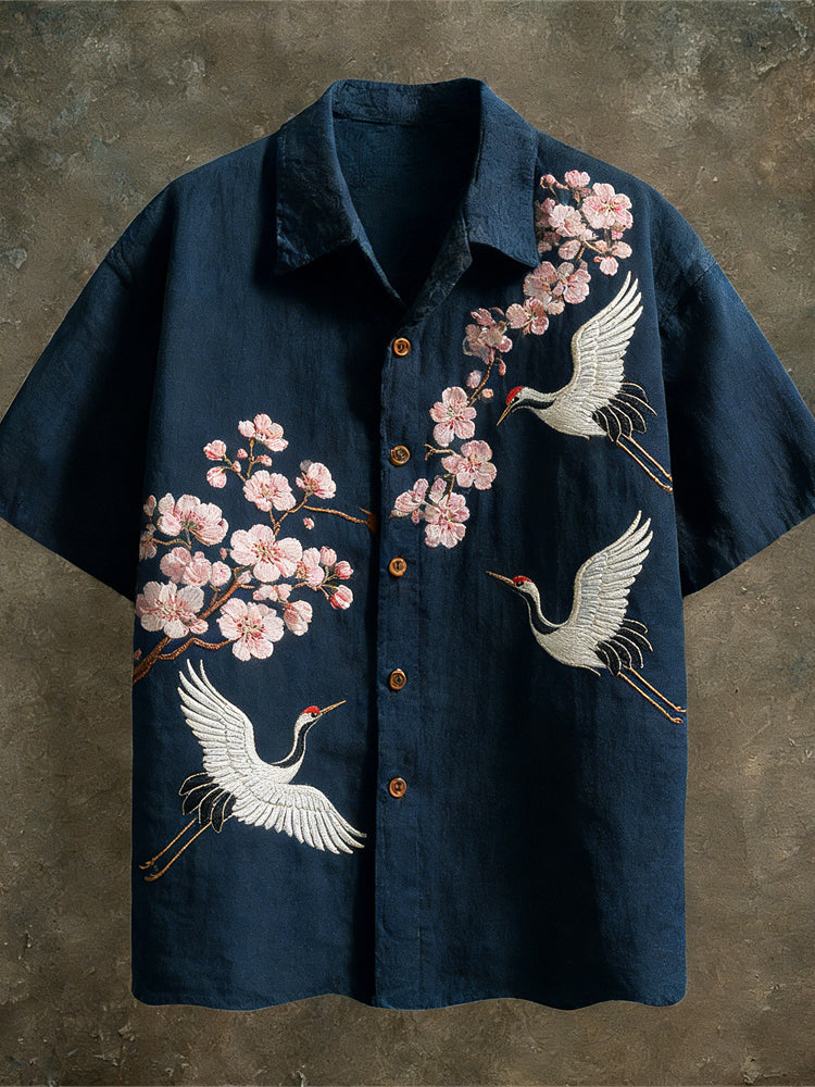 Japanese Cherry Blossom & Crane Pattern Vintage Men's Linen Short Sleeve Shirt