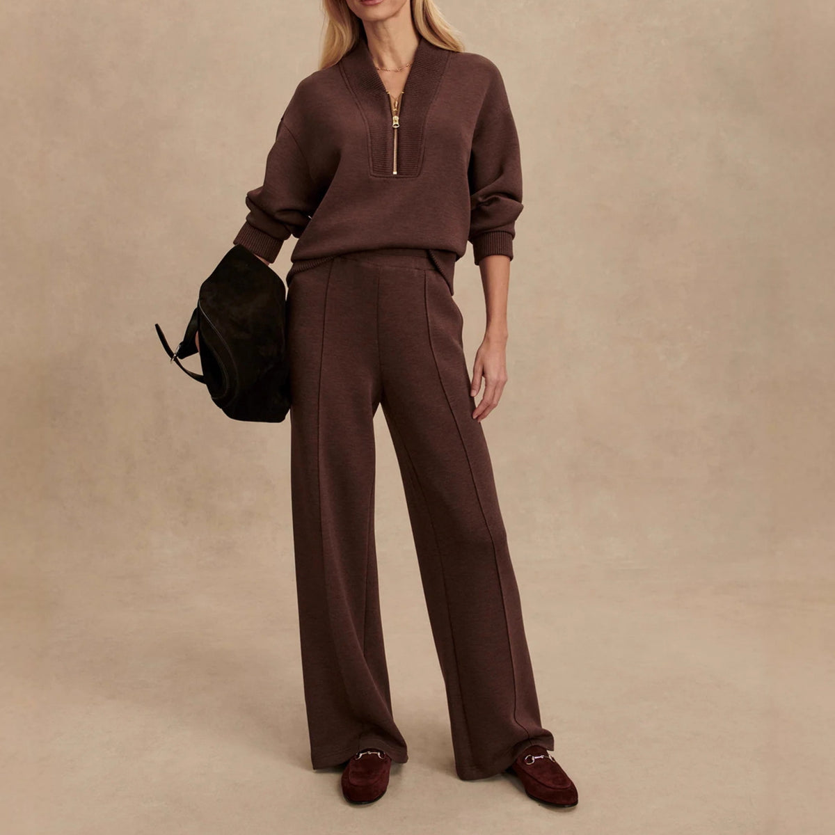 Meet The Autumn Ribbed Zipper Neck Sweatshirt and Elastic Waist Pocketed Loose Pants Set