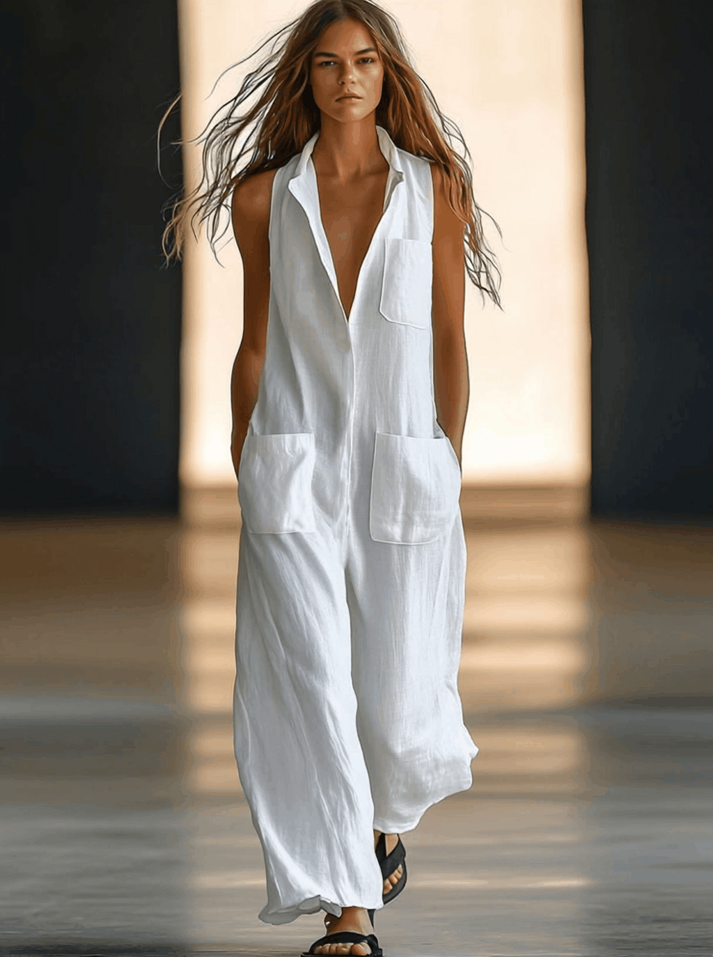 Casual Loose Retro White Breathable Linen Sleeveless Wide Leg Pants Jumpsuit