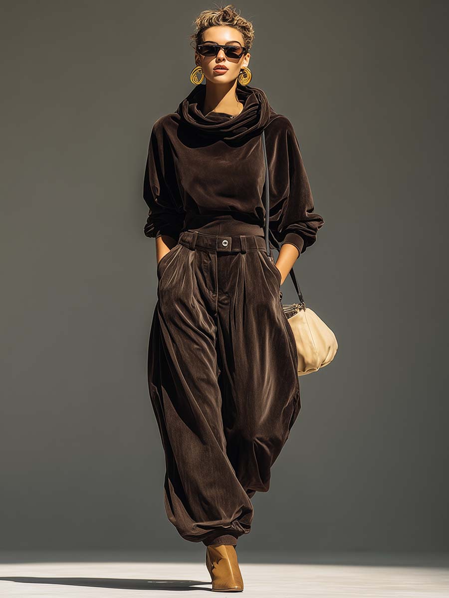 Vintage Sophisticated Casual Brown Velvet Hoodie And Loose Pants Set
