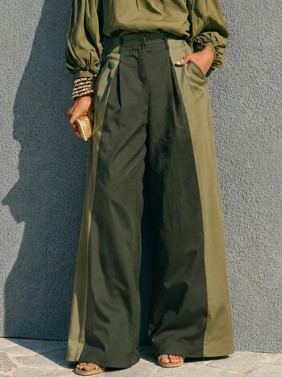 Women's Simple Casual Green Cotton Blend Color Block Wide Leg Pants MDZ0291G6GMJ