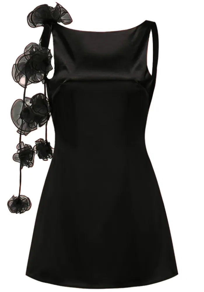 Floral Detail Backless Dress Black