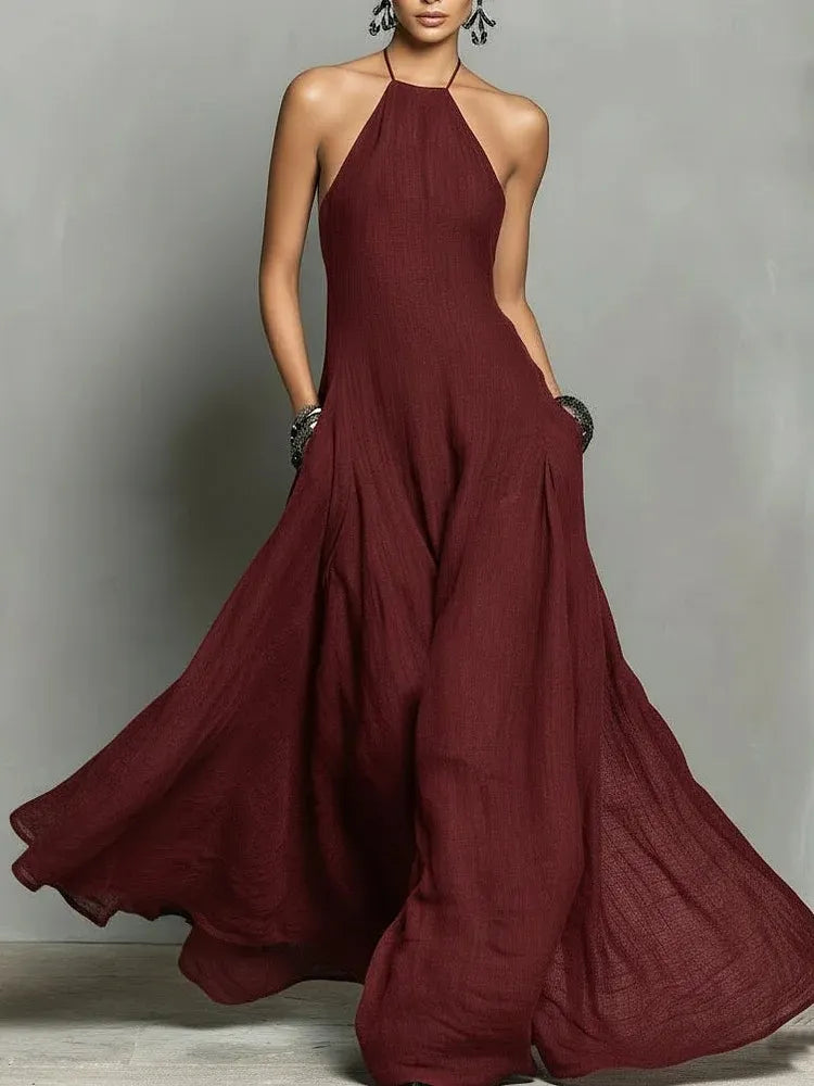 Black Minimalist Faux Linen Blend Backless Halter Neck Sleeveless Maxi Dress