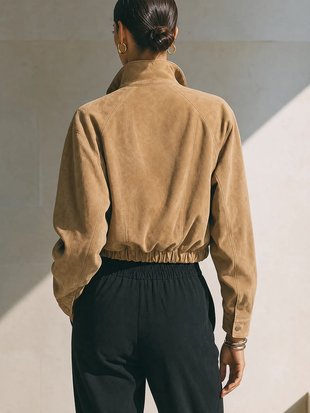 Women's Fashion Cropped Suede Stand‑Collar Zipper Jacket MDZ1579G7ZRK