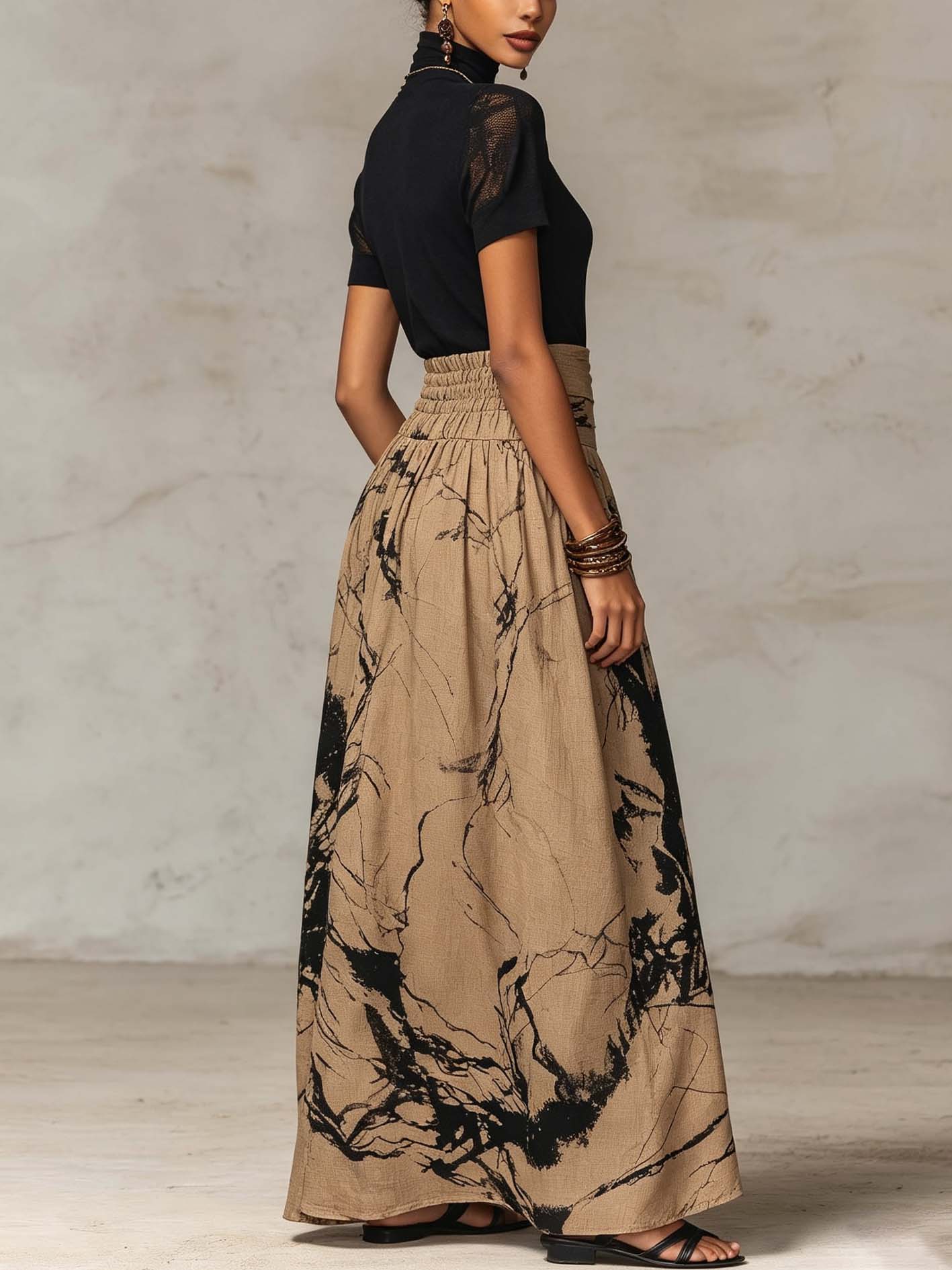 Black Mock Neck Top And Abstract Print Maxi Skirt Set With Sheer Lace Sleeves